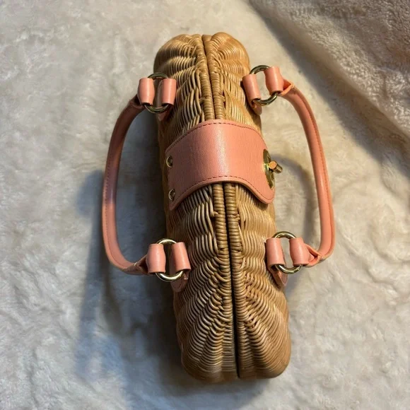 NEW Banana Republic Woven Bag Tan Rattan Pale Pink Leather Gold-tone Hardware - Picture 12 of 16